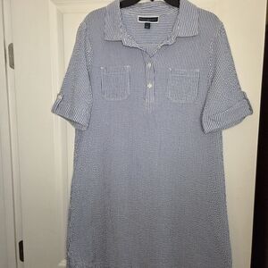Karen Scott Blue and White Striped Shirt Searsucker Dress Sz Large Preloved
